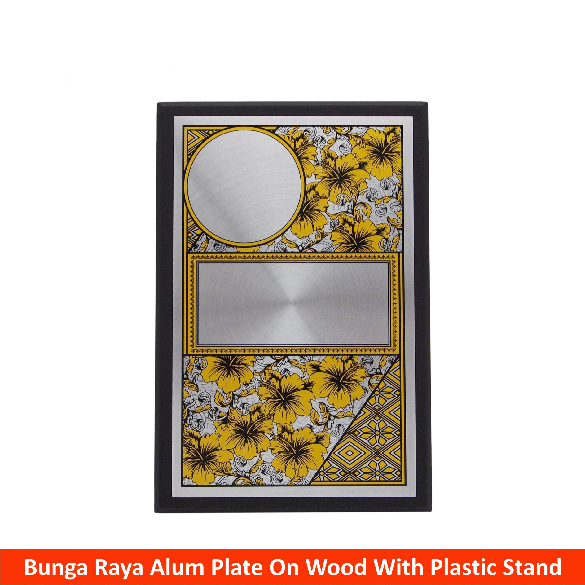 EP269 Bunga Raya Aluminium Plate on Wood with Plastic Stand